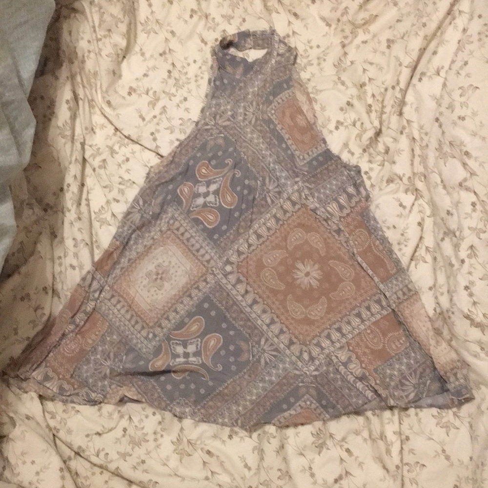 Boho Patchwork Halter Dress in Blue and Brown